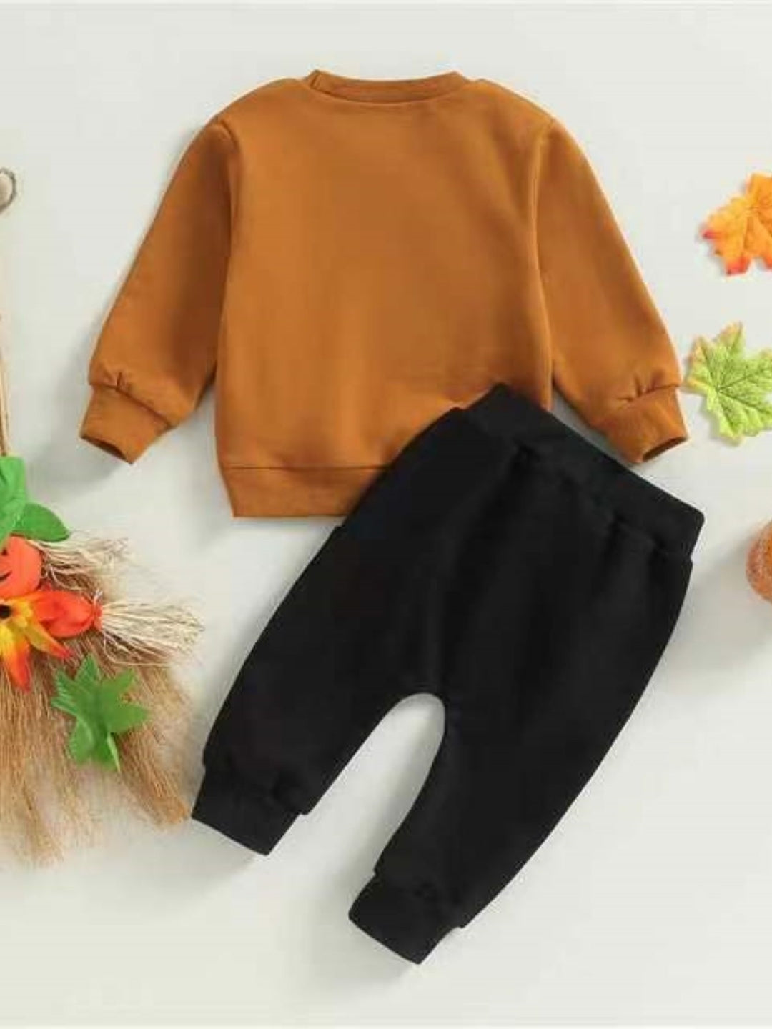 Brown Round Neck Long Sleeves Pure Cotton Top & Trousers Set