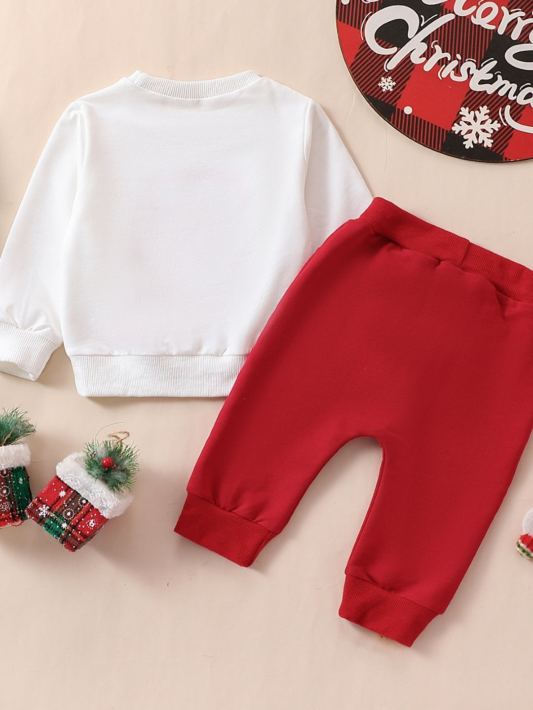 Red Round Neck Long Sleeves Pure Cotton Top & Trousers Set