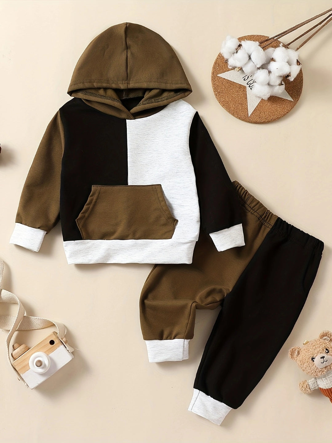 Brown Hood Long Sleeves Pure Cotton Top & Trousers Set