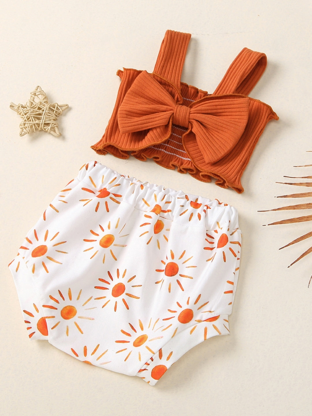 Orange Shoulder Straps Sleeveless Pure Cotton Top & Shorts Set