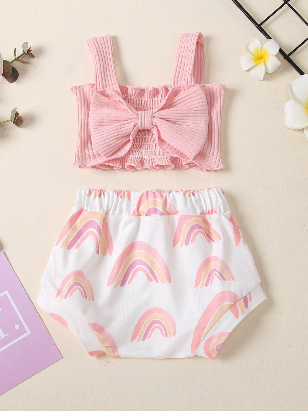 Pink Shoulder Straps Sleeveless Pure Cotton Top & Shorts Set