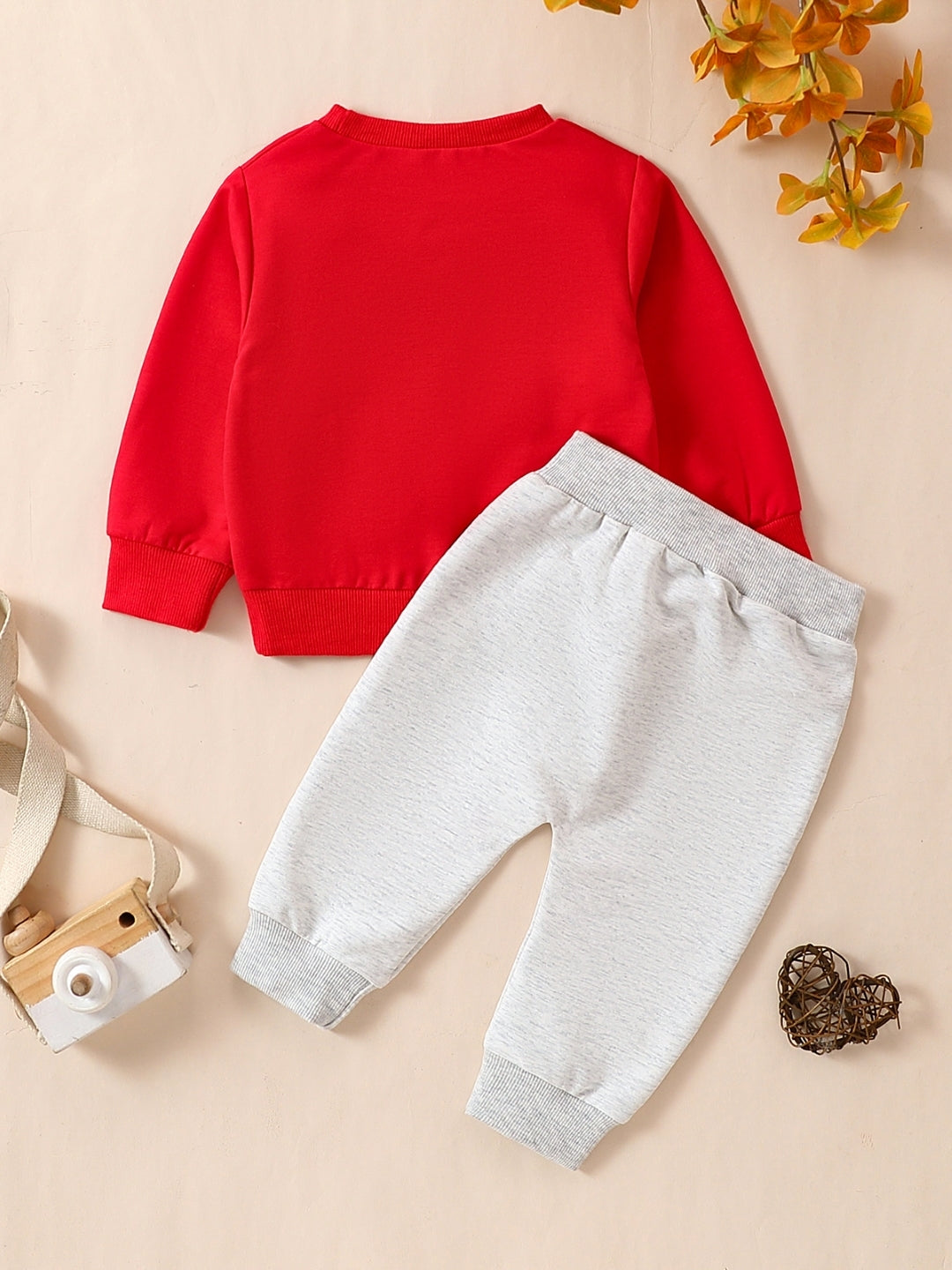 Red Round Neck Long Sleeves Pure Cotton Top & Trousers Set