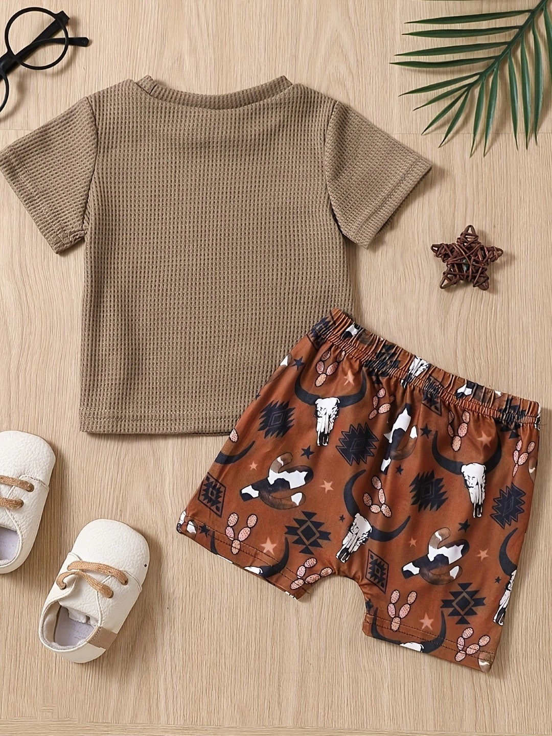 Brown Round Neck Short Sleeves Pure Cotton Top & Shorts Set