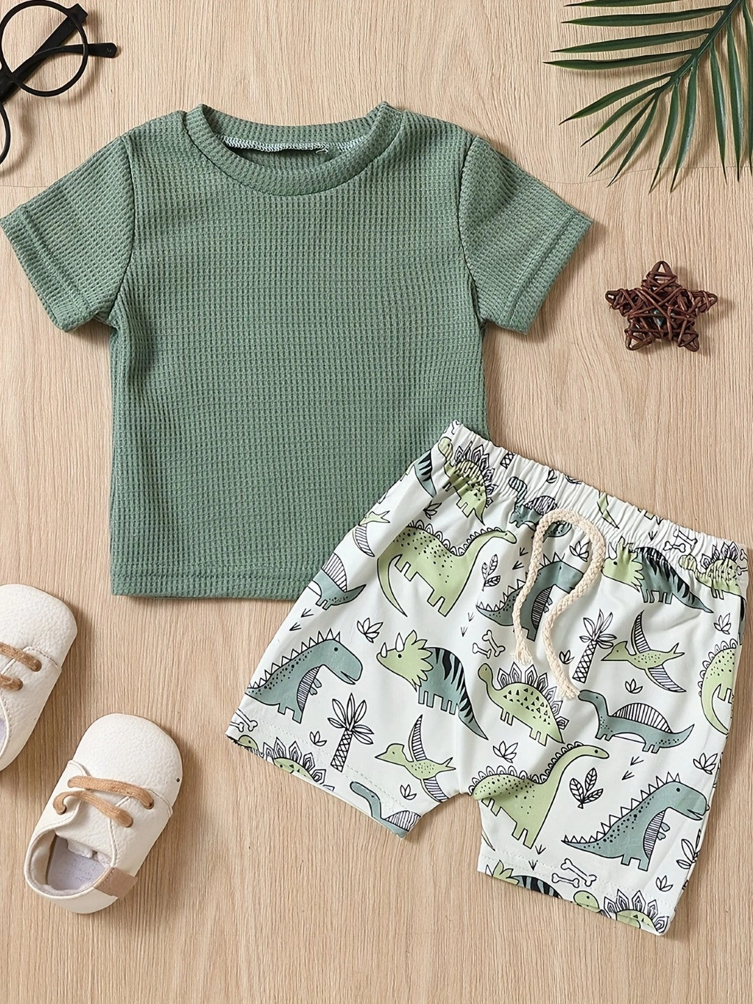 Green Round Neck Short Sleeves Pure Cotton Top & Shorts Set