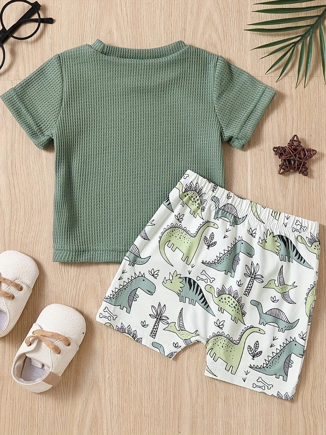 Green Round Neck Short Sleeves Pure Cotton Top & Shorts Set