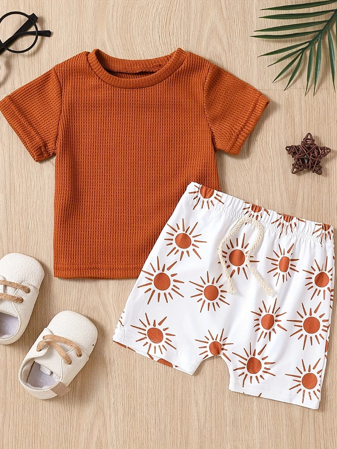 Orange Round Neck Short Sleeves Pure Cotton Top & Shorts Set