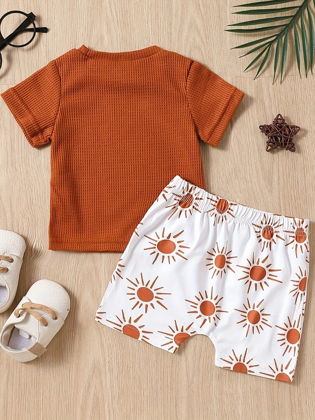 Orange Round Neck Short Sleeves Pure Cotton Top & Shorts Set