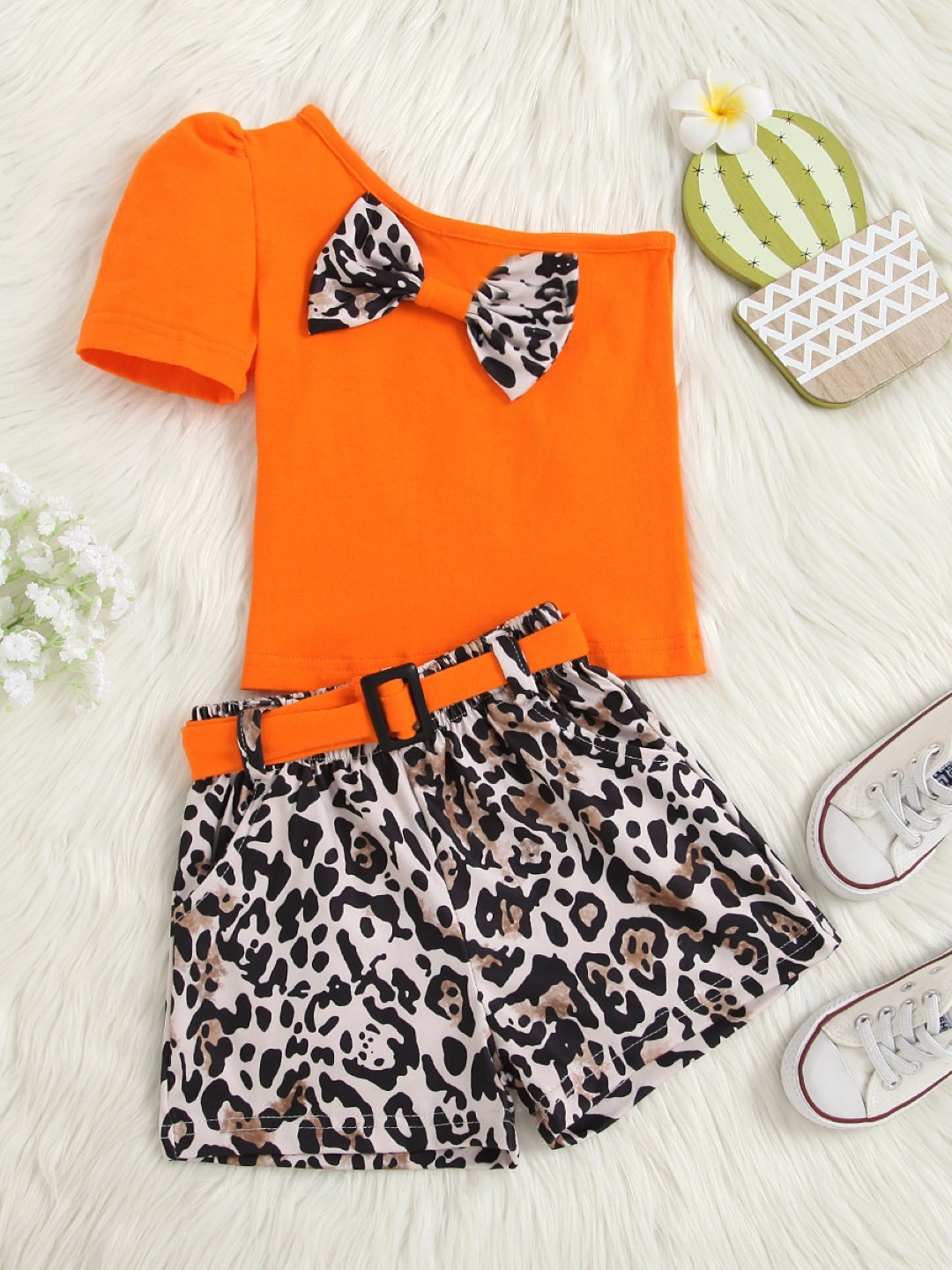 Orange One Shoulder Short Sleeves Pure Cotton Top & Shorts Set