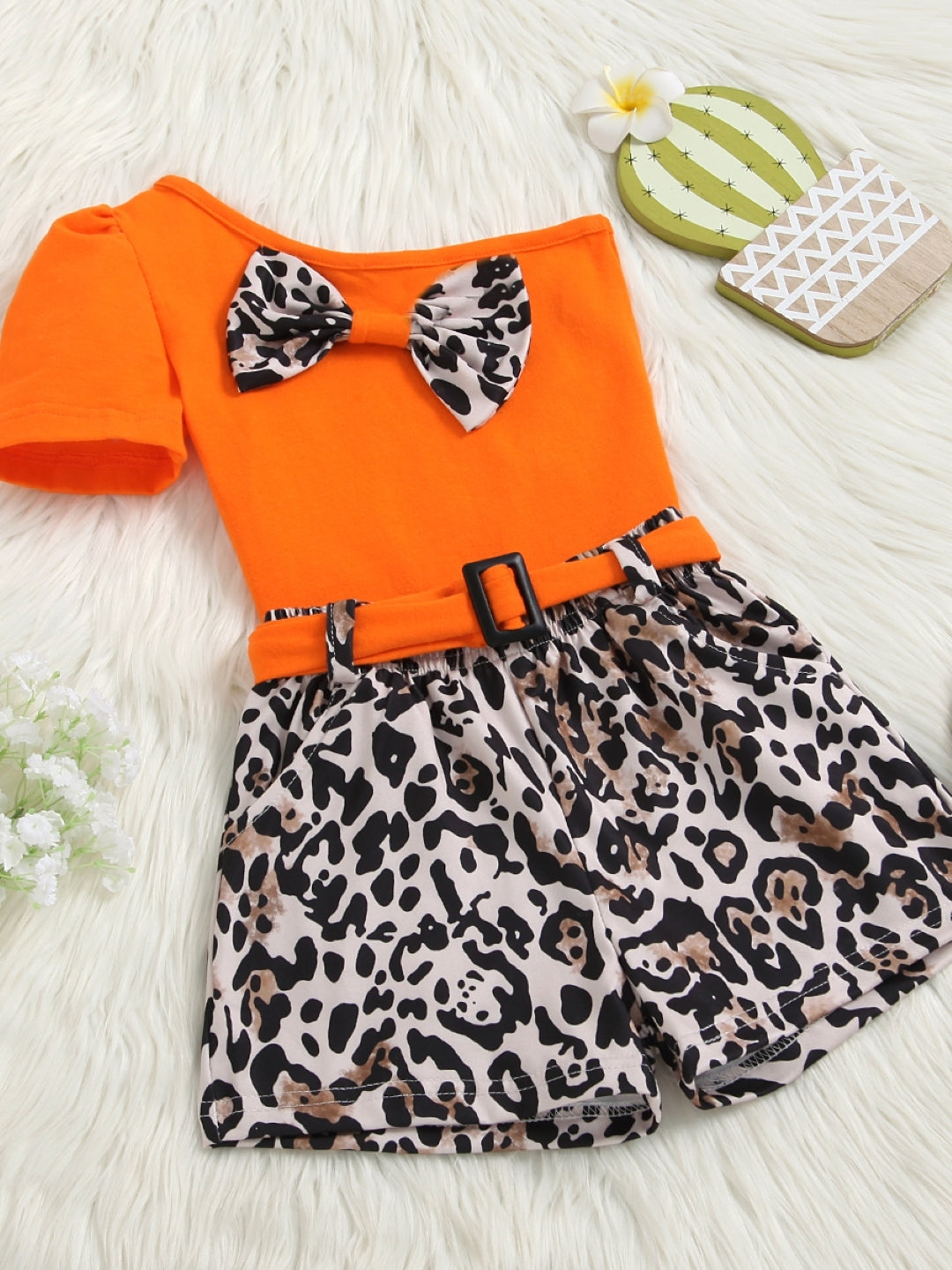 Orange One Shoulder Short Sleeves Pure Cotton Top & Shorts Set