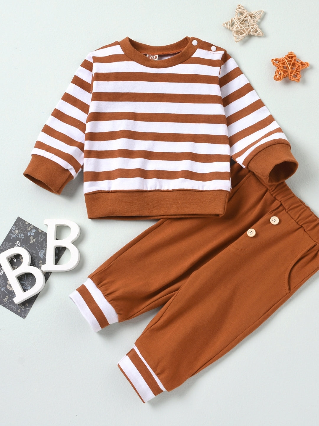 Brown Round Neck Long Sleeves Pure Cotton Top & Trousers Set