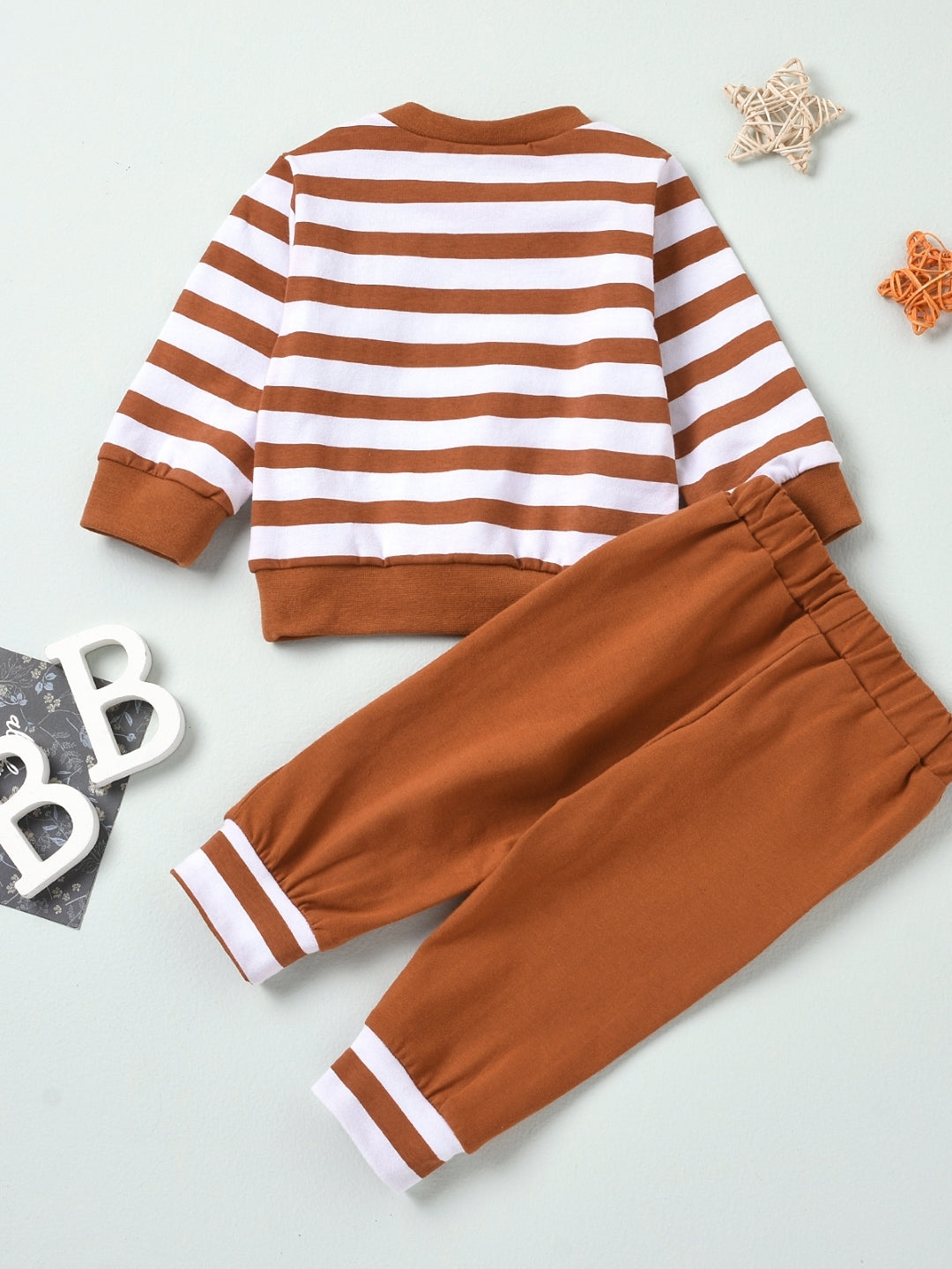 Brown Round Neck Long Sleeves Pure Cotton Top & Trousers Set