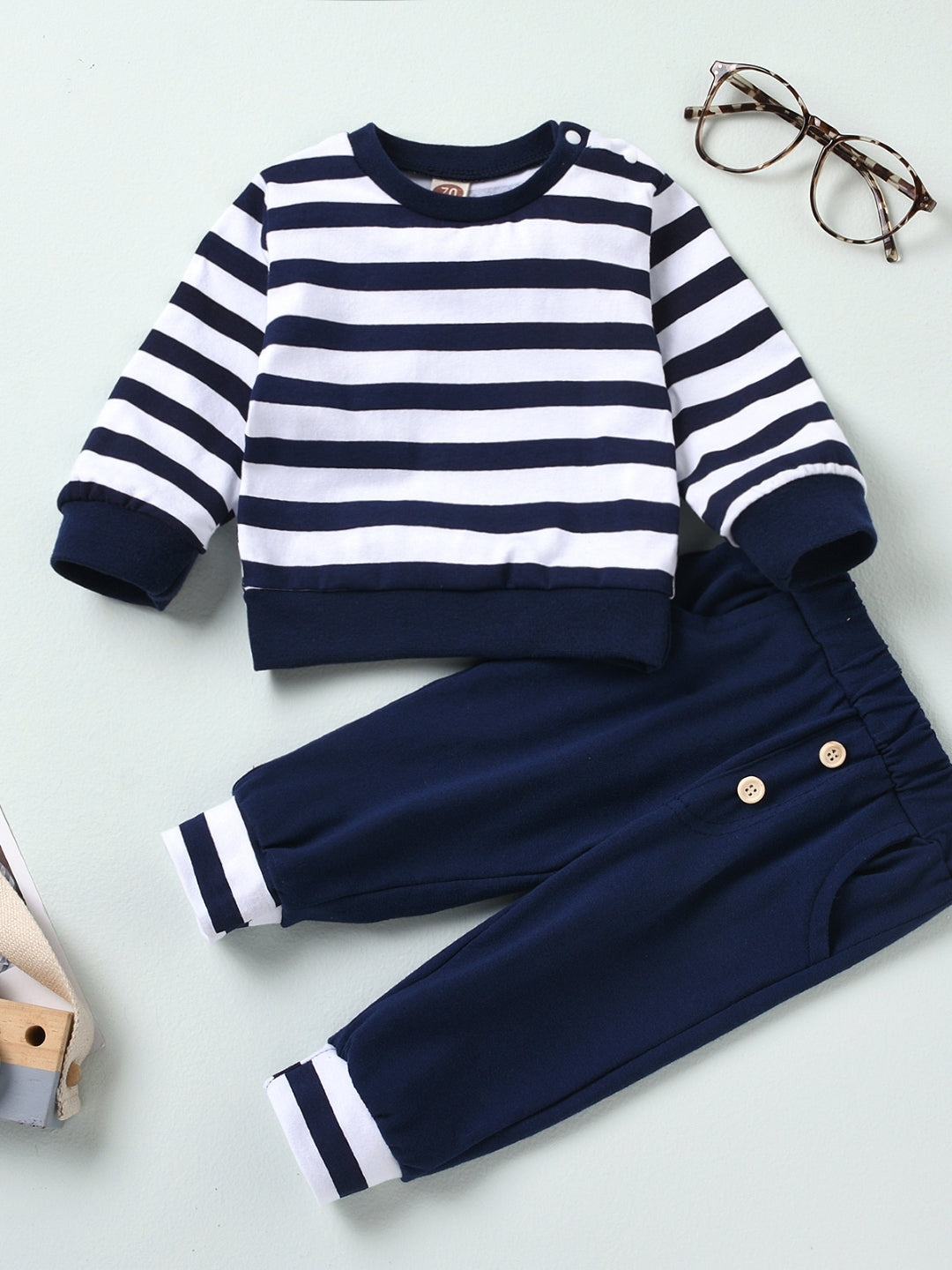 Navy Blue Round Neck Long Sleeves Pure Cotton Top & Trousers Set