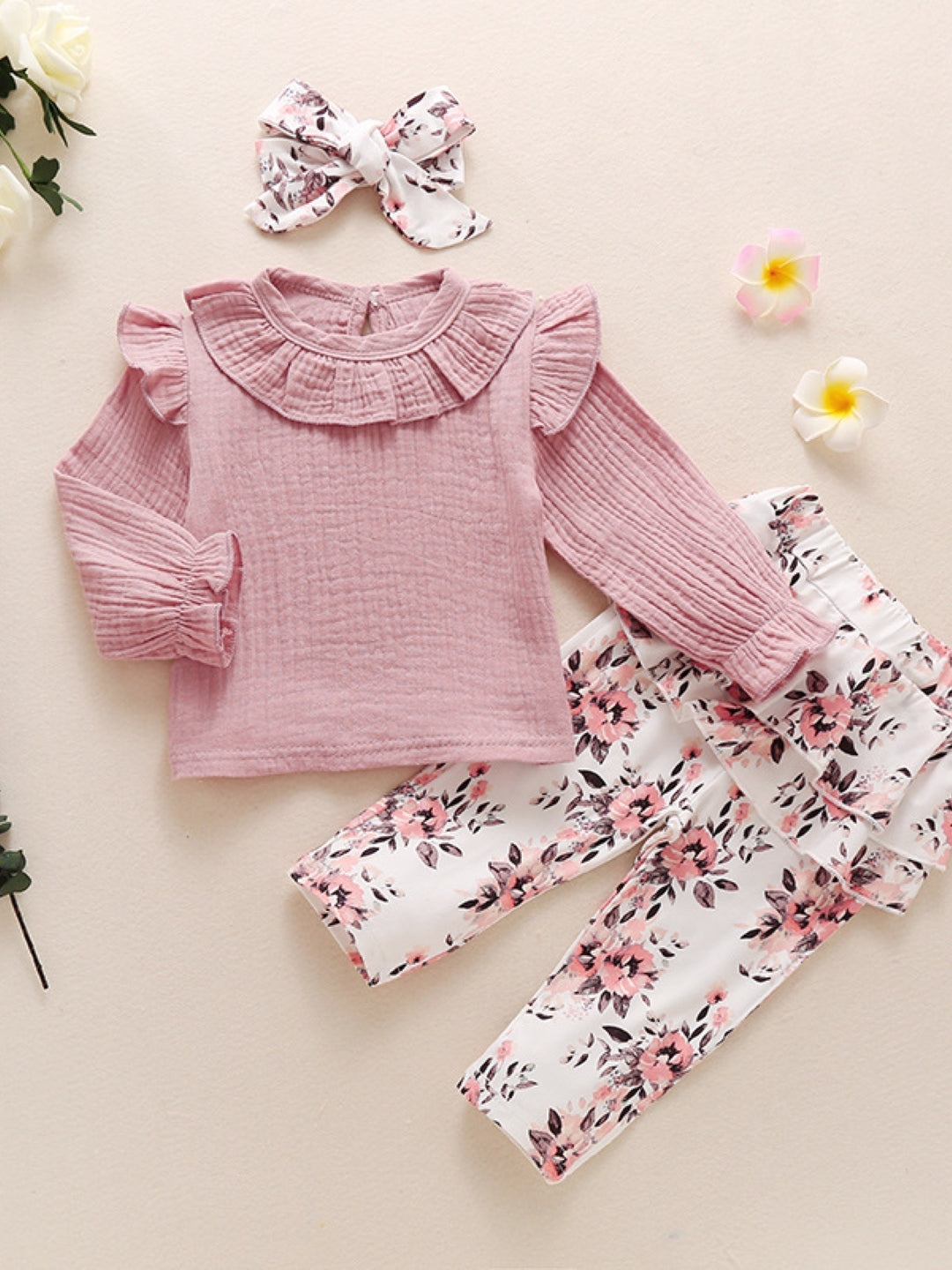 Pink Round Neck Long Sleeves Pure Cotton Top & Trousers Set