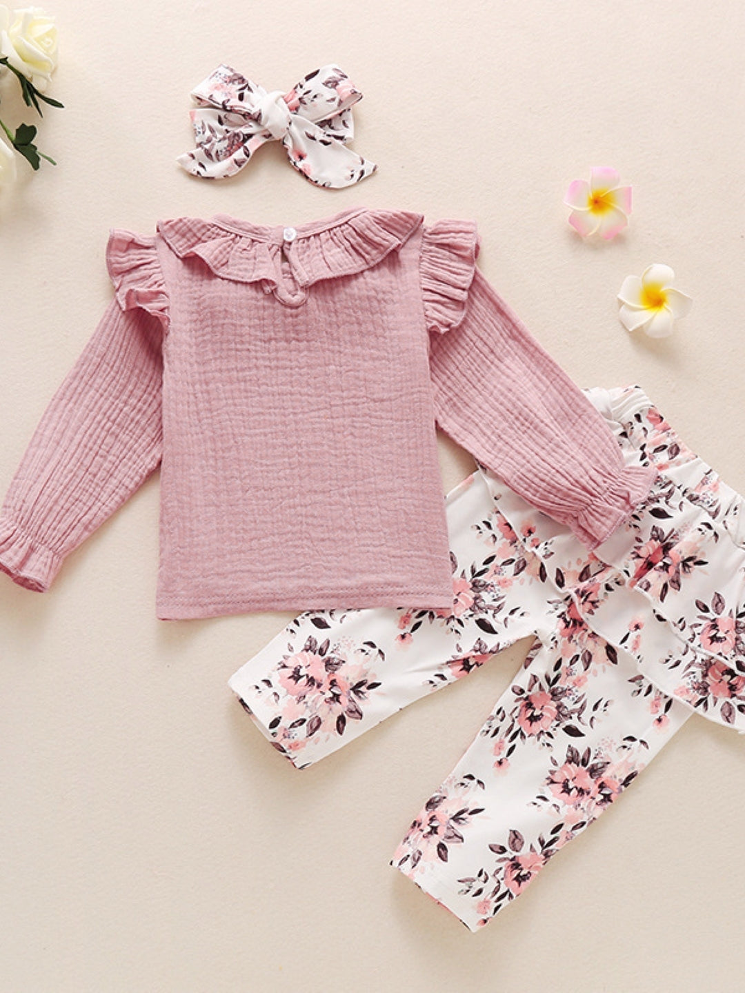 Pink Round Neck Long Sleeves Pure Cotton Top & Trousers Set