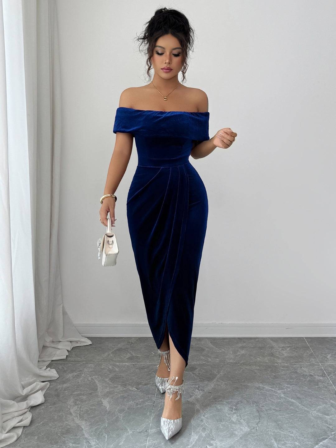 Navy Blue Off-Shoulder Solid Short Sleeves Maxi Bodycon Polyester Dress