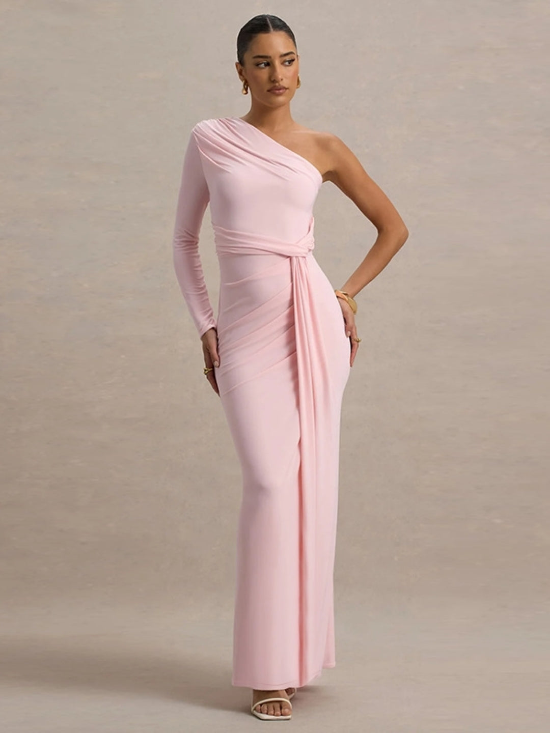 Pink One Shoulder Solid Long Sleeves Maxi Bodycon Polyester Dress