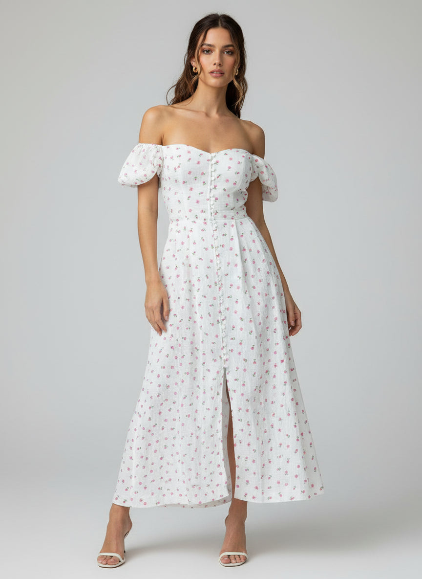 White Print A-Line Maxi Dress