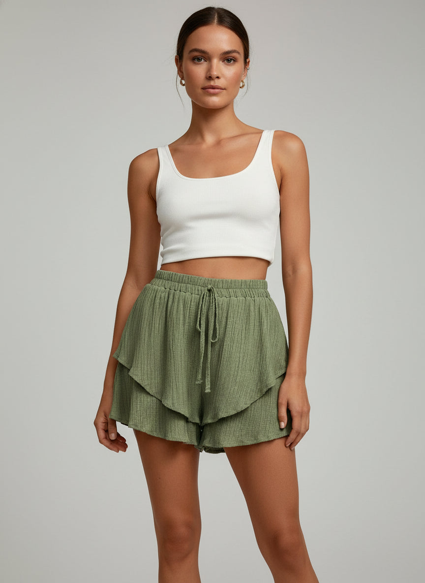Olive Mid-Rise Pleats Regular Fit Shorts