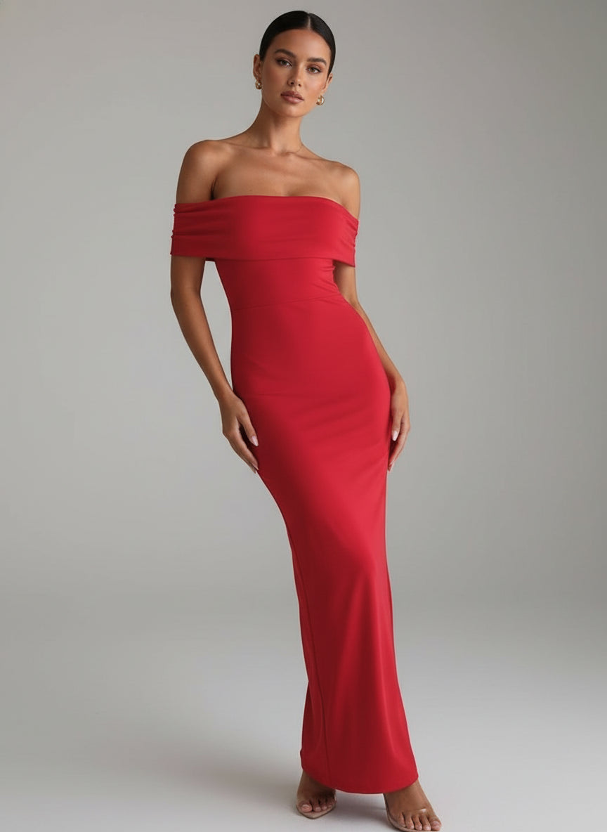 Red Off-Shoulder Bodycon Maxi Dress