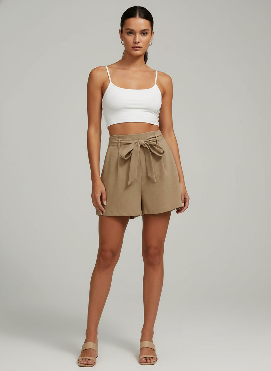 Tan Mid-Rise Pleats Regular Fit Shorts