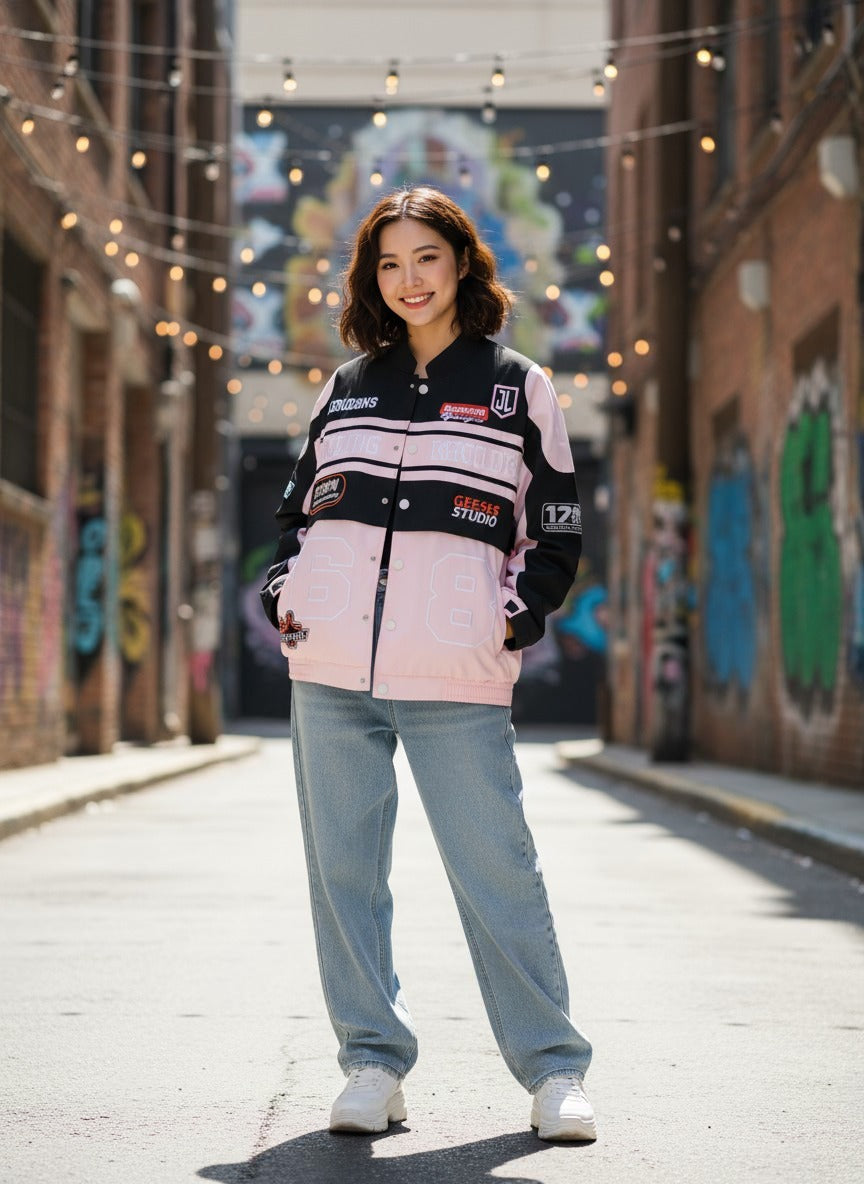 Pink Collarless Long Sleeves Typography Polyester Open Front Jacket