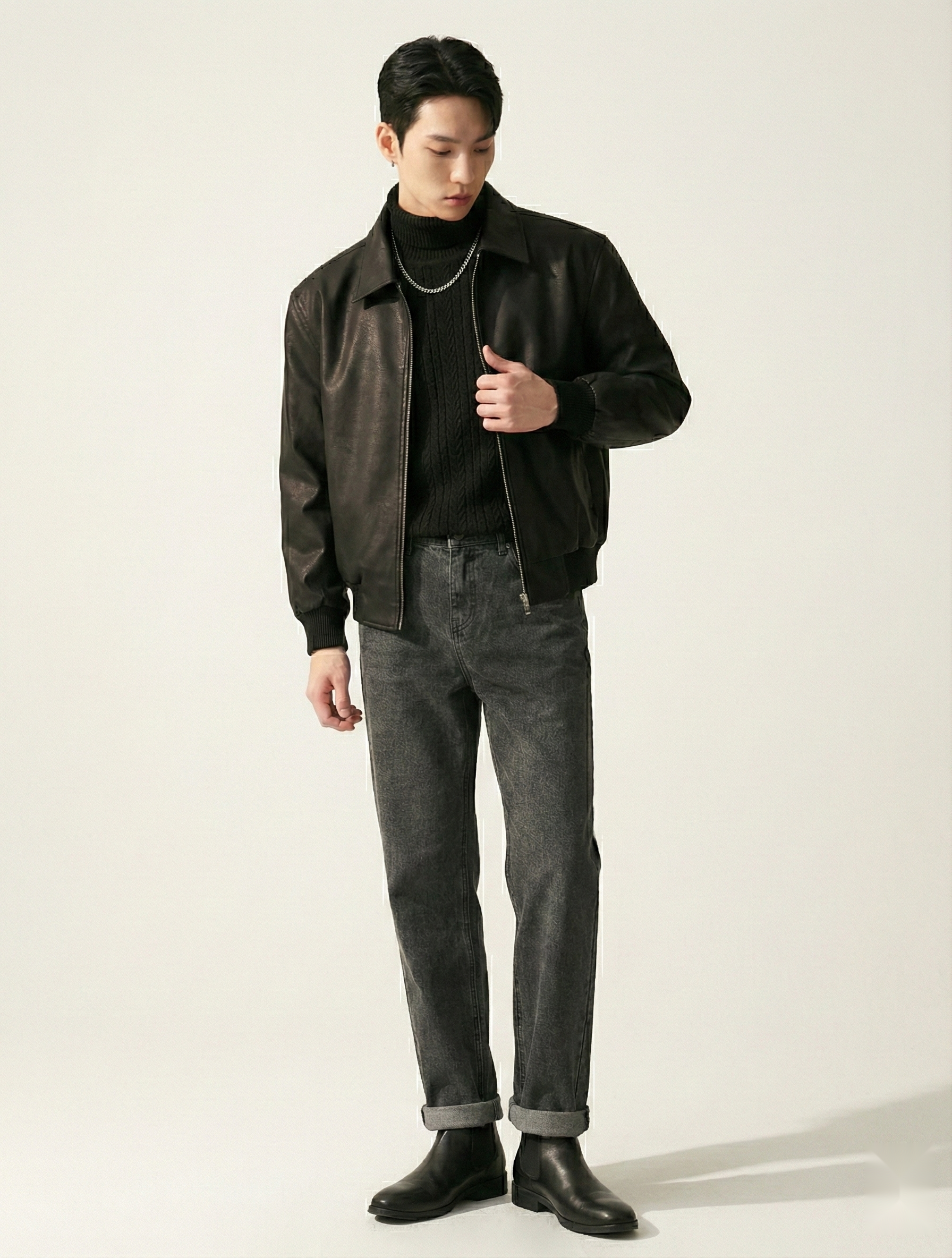 Men Spread Collar Solid Leather Causal Leather Jacket