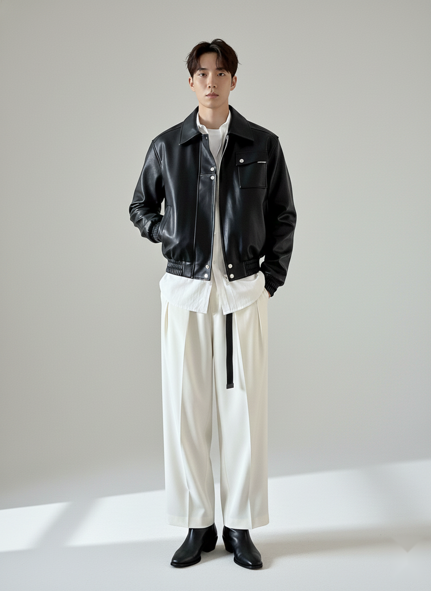 Men’s Seoul Classic Black Spread Collar Faux Leather Jacket