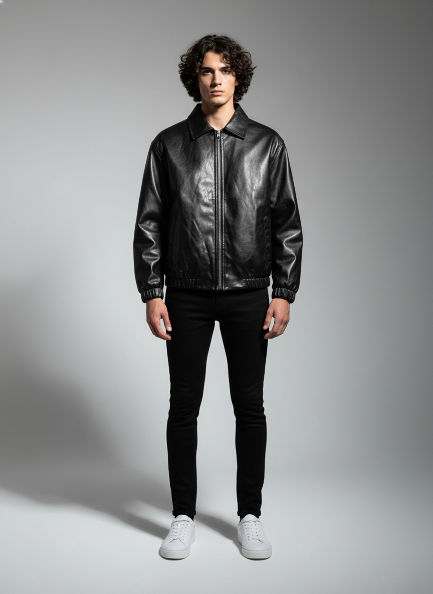 Black Classic Leather Zip-Up Jacket